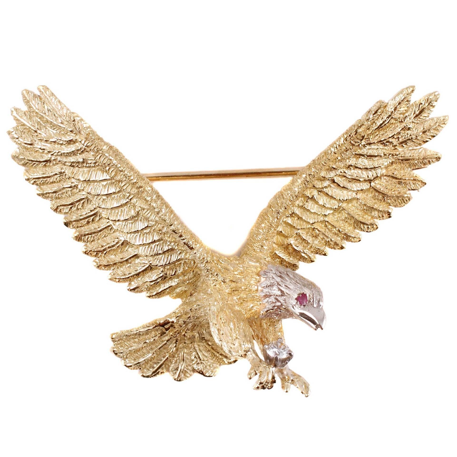 Beautiful Two-Tone Eagle Brooch Accent Diamond