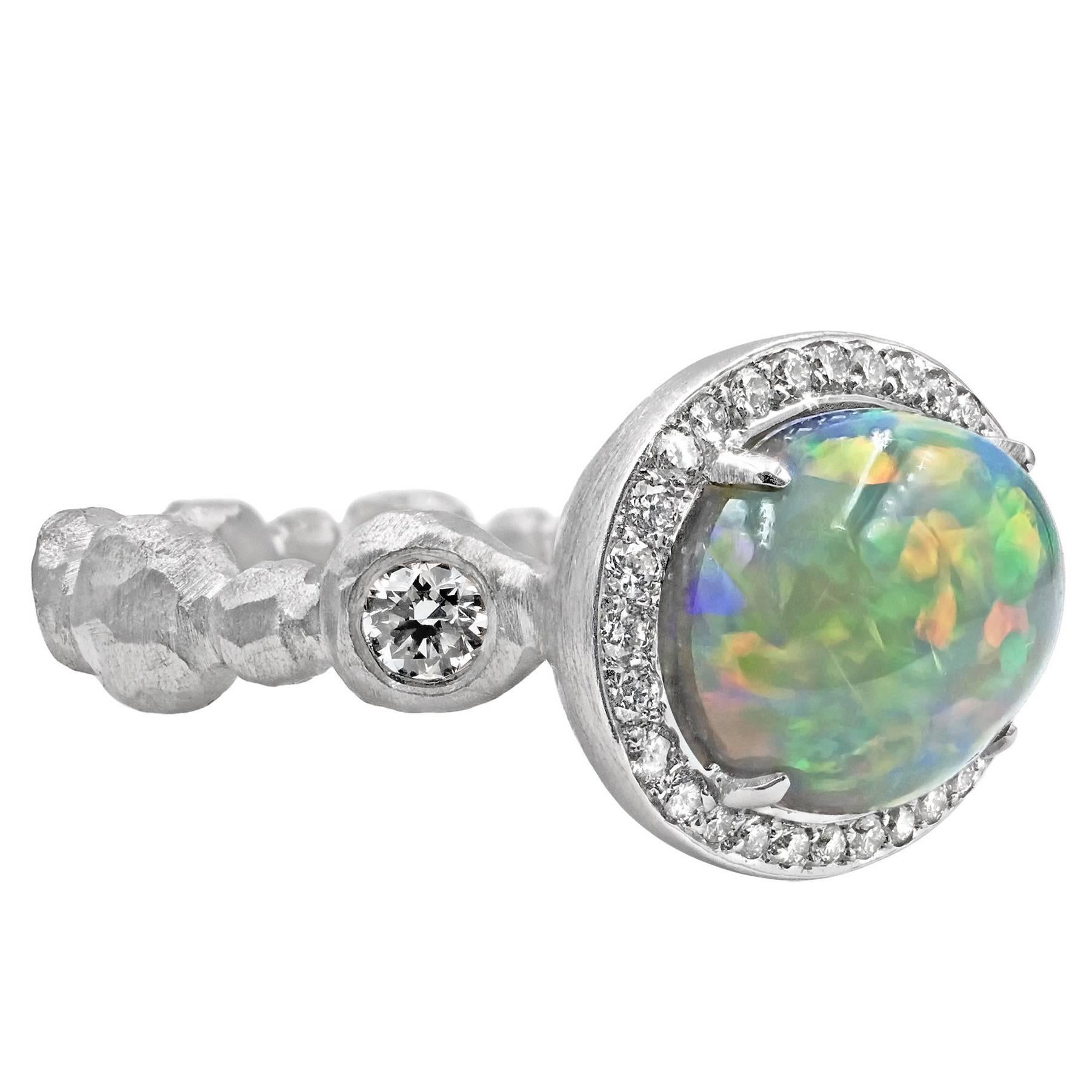 Pamela Froman Exceptional Lightning Ridge Black Opal Crystal White Diamond Ring