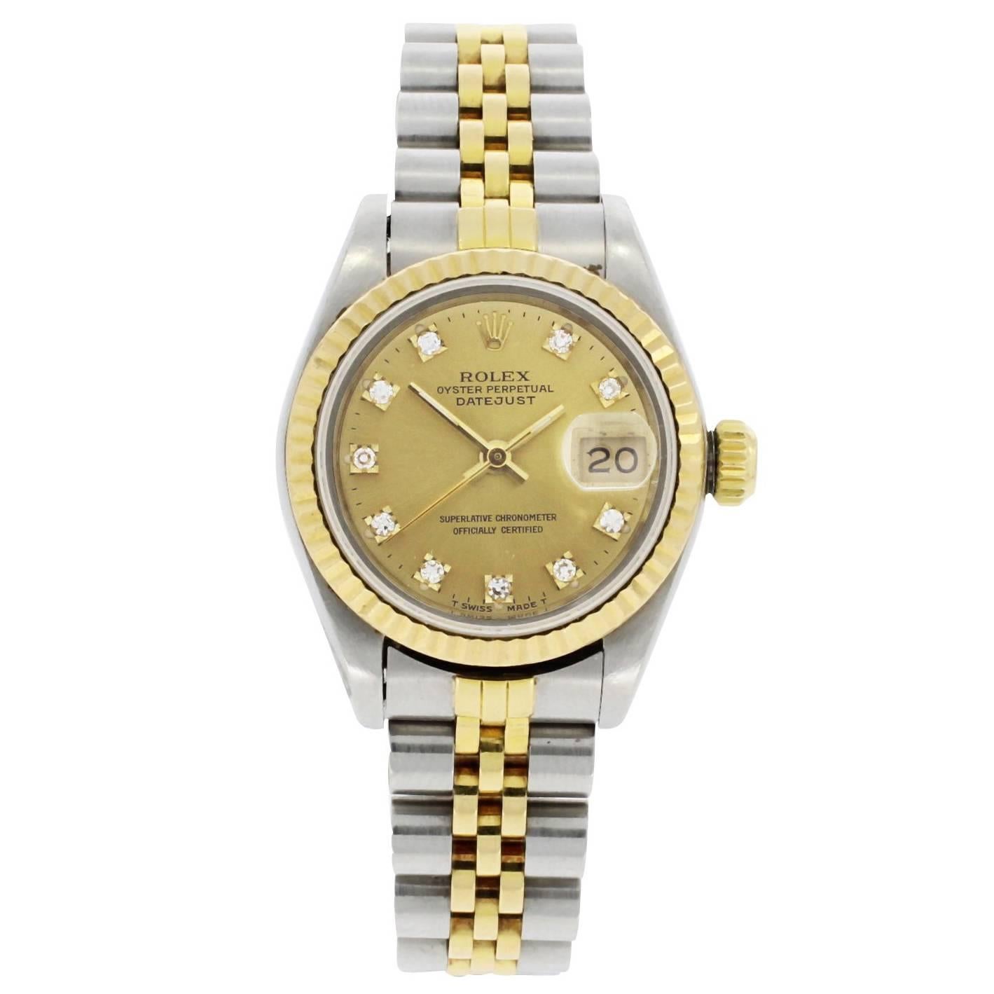 Rolex Yellow Gold Stainless Steel Datejust Diamond Dot Dial Wristwatch, 1989 For Sale