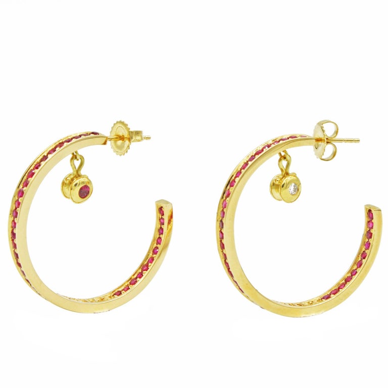Rose Gold Ruby and Diamond Hoop Earrings at 1stdibs