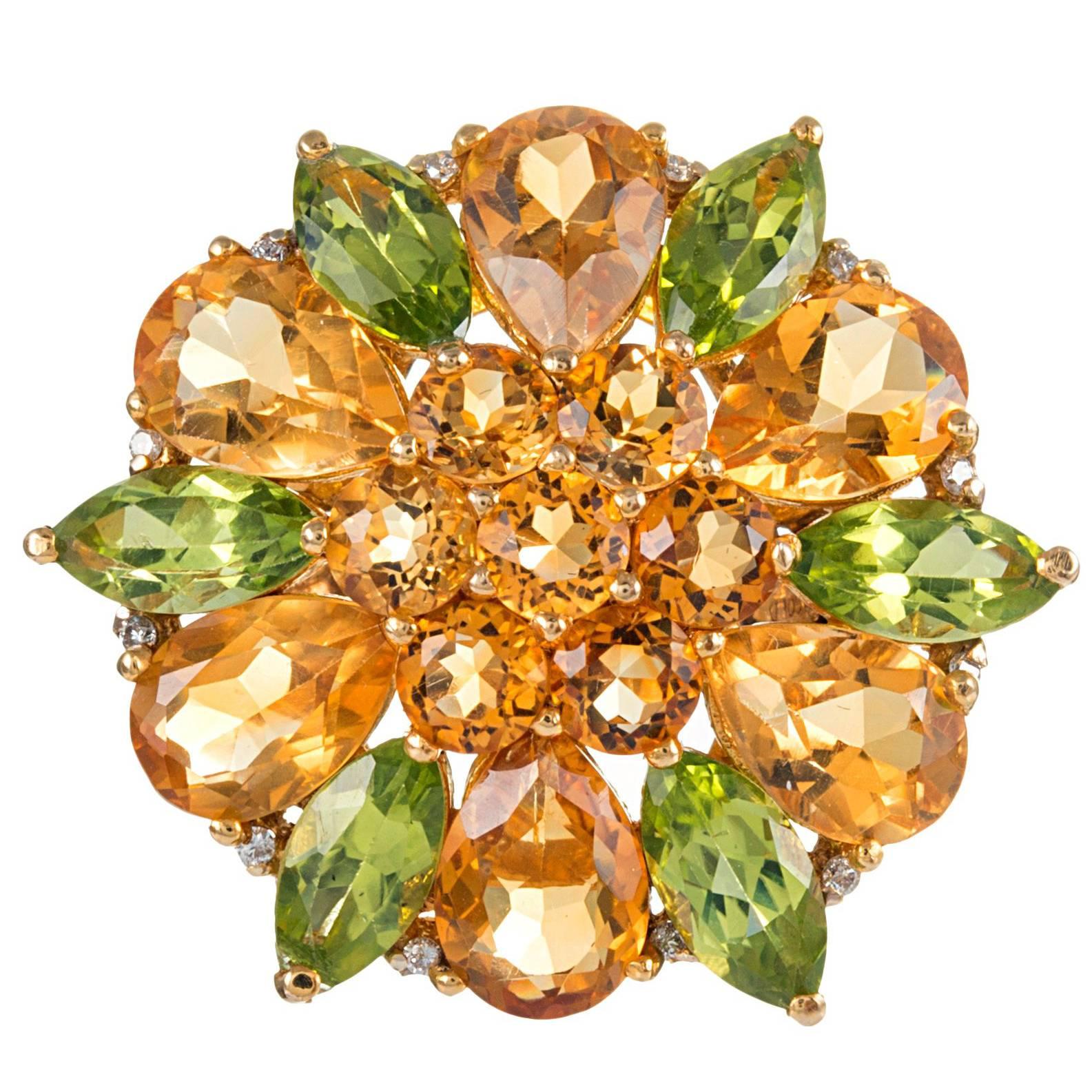 Mixed Cut Peridot, Citrine and Diamond Flower Ring For Sale