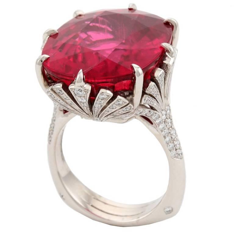 27.57 Carat Mozambique Pink Rubelite Diamond FAN Ring by John Landrum Bryant For Sale