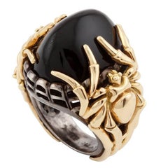 Oval Cabochon Onyx and Silver with Gold LARGE SPIDER Ring by John Landrum Bryant