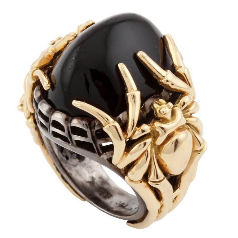 Oval Cabochon Onyx and Silver with Gold LARGE SPIDER Ring by John Landrum Bryant For Sale at 1stDibs
