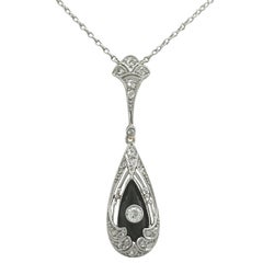 1930s Diamond and Black Onyx, 14 Karat Gold Necklace