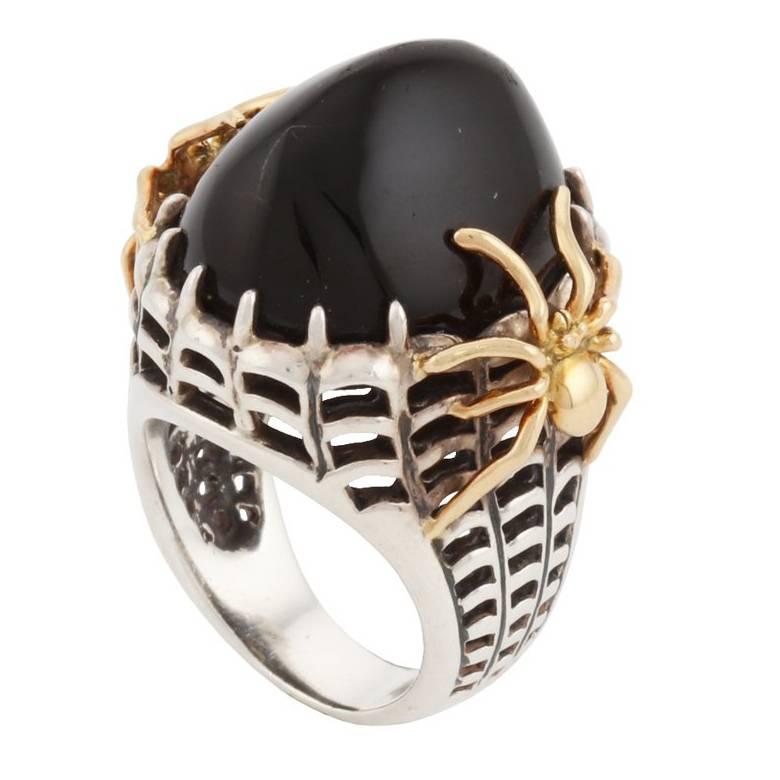 Oval Black Jade with Silver and Gold SPIDER Ring by John Landrum Bryant For Sale