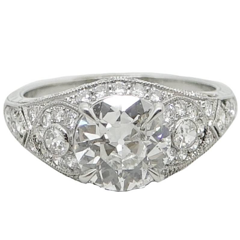 Old European Cut 1.61 Carat Diamond Platinum Engagement Ring For Sale