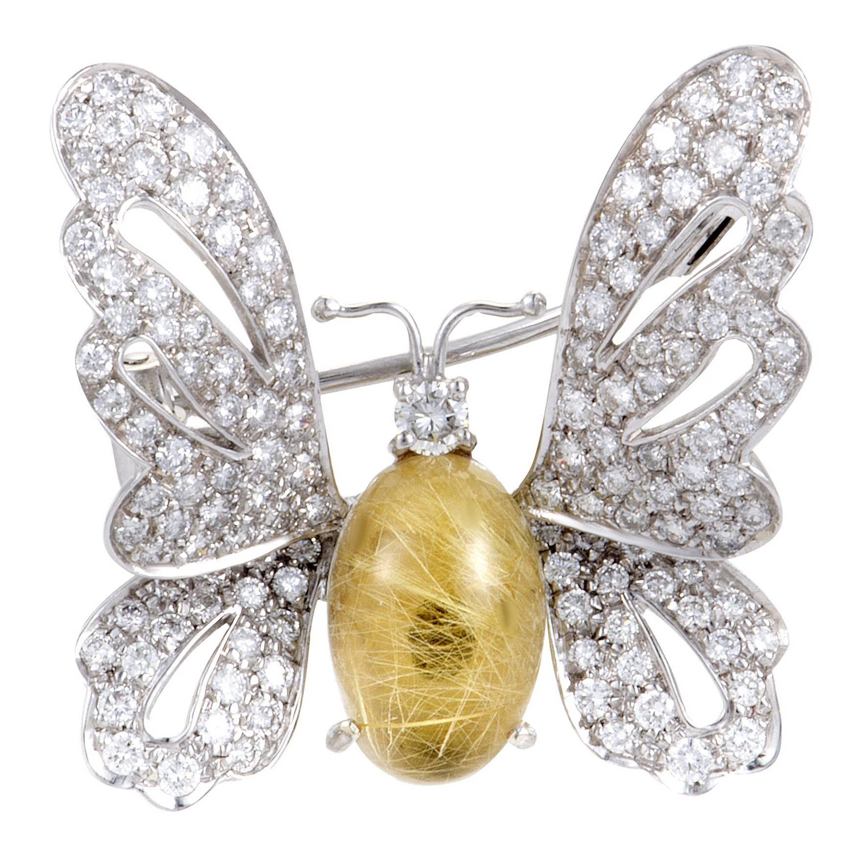 Chantecler Diamond and Rutilated Quartz White Gold Butterfly Brooch