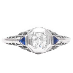 Art Deco Diamond and Sapphire Filigree Engagement Ring