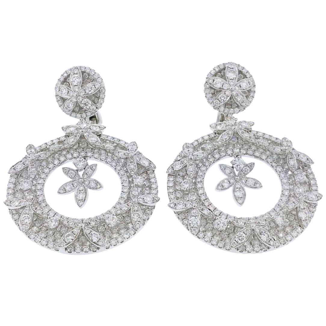 Fine Quality Diamond Circle Earrings with Floral Motif 13.00 Carat 18 Karat Gold