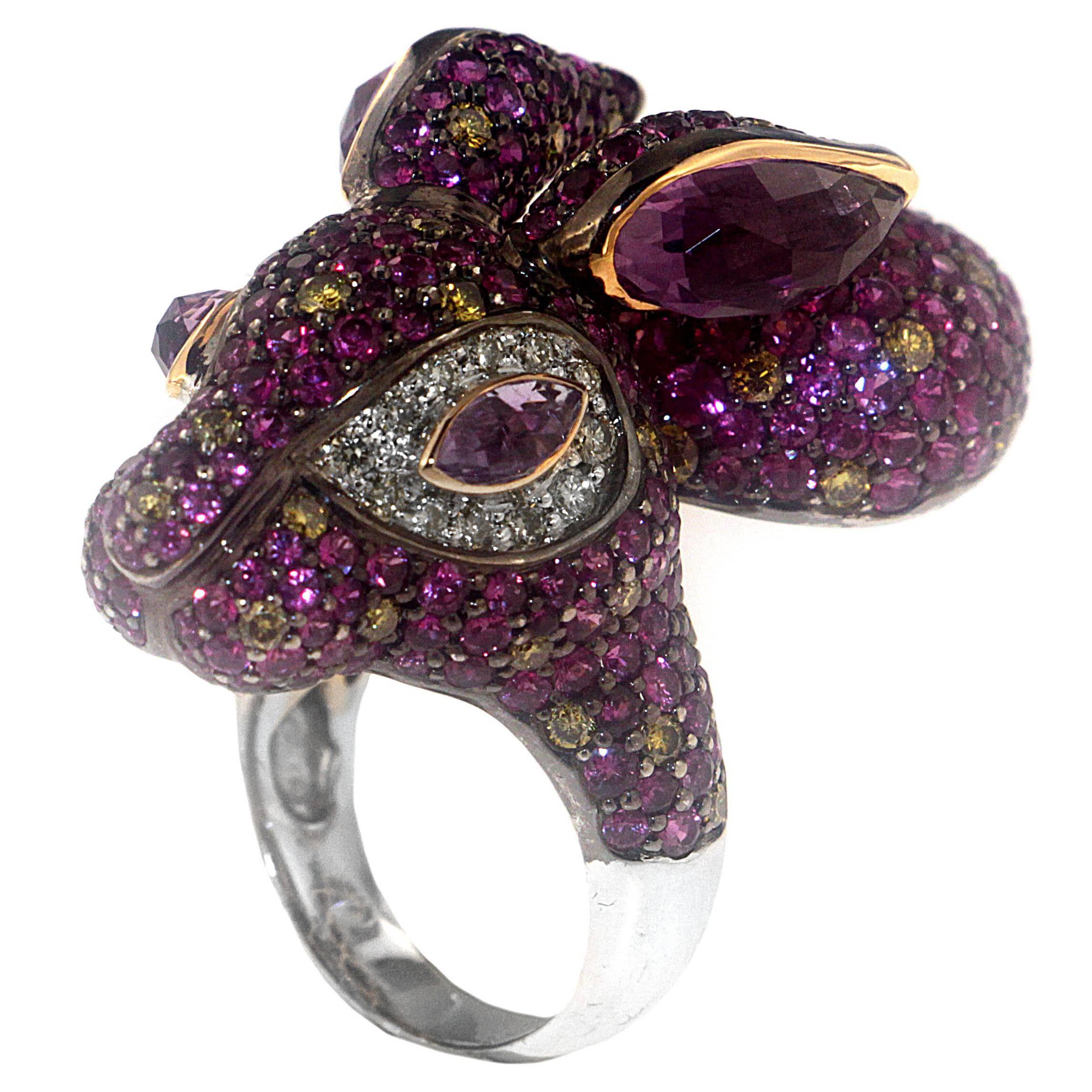 Zorab Creation Amethyst Pink Sapphire Fancy and Yellow Diamond Gold Bunny Ring
