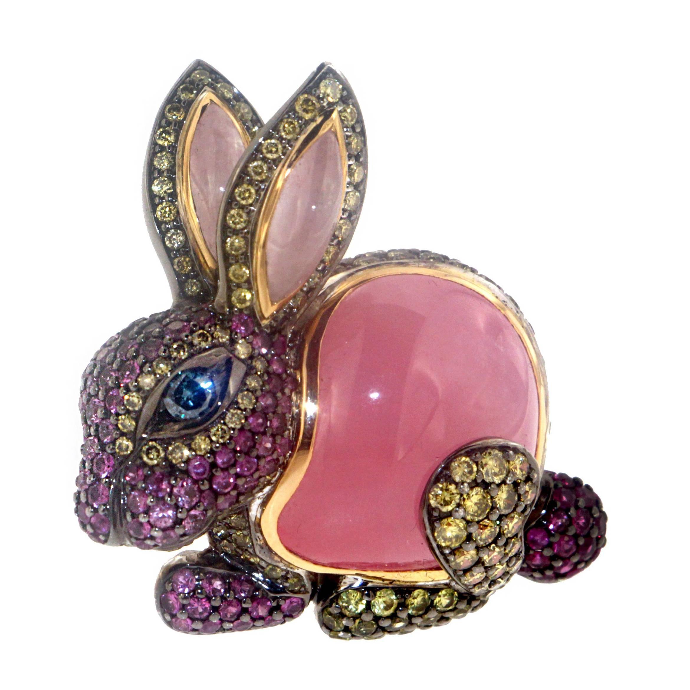 Zorab Creation Pink Jade and Sapphire Diamond with Gold Bunny Cocktail Ring