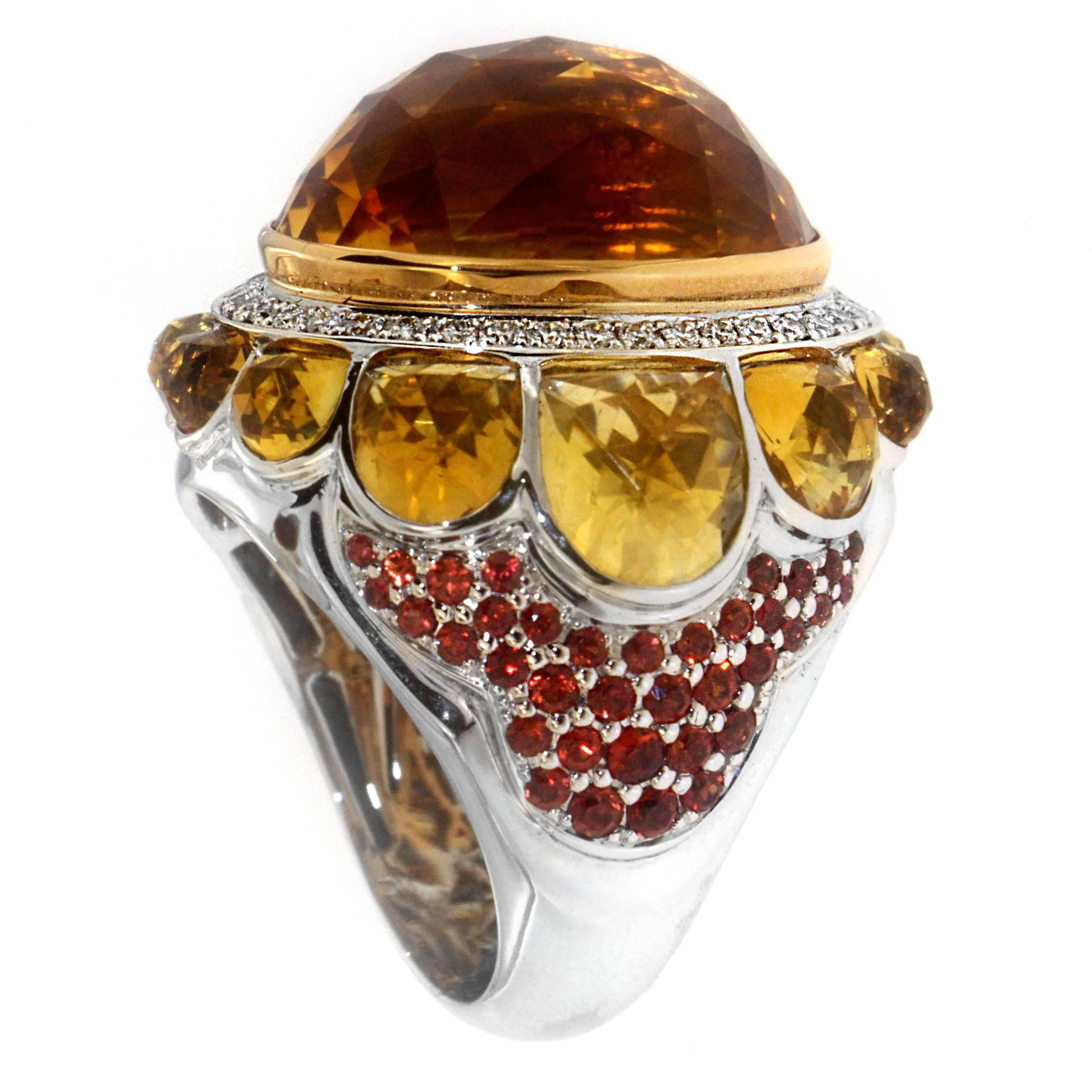 Zorab Creation 32.49 Citrine Quartz Red Sapphire Diamond Cocktail Bombe Ring