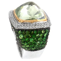 Zorab Creation Green Amethyst Quartz Tsavorite Garnet and Diamonds Cocktail Ring