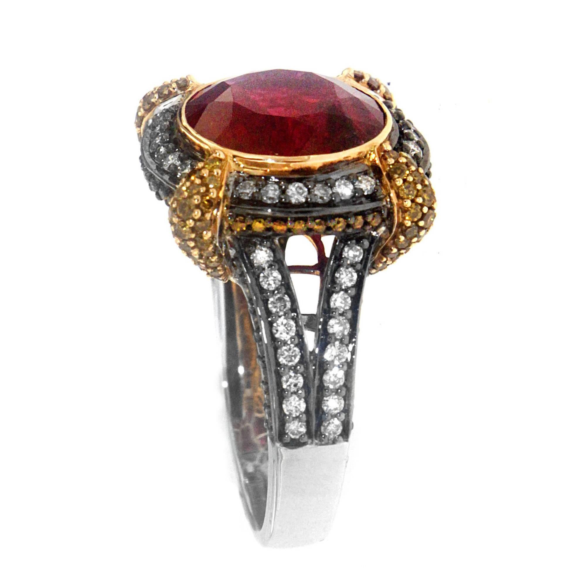 Zorab Creation Rubelite with Yellow and White Diamonds Gold Cocktail Ring For Sale