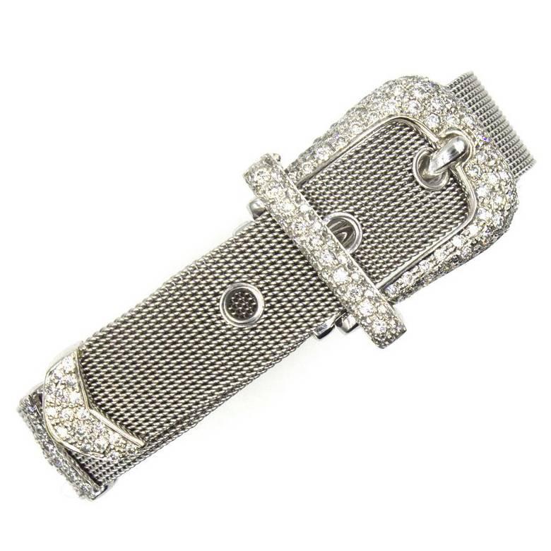 1960s Diamond 18 Karat White Gold Flexible Mesh Buckle Bracelet
