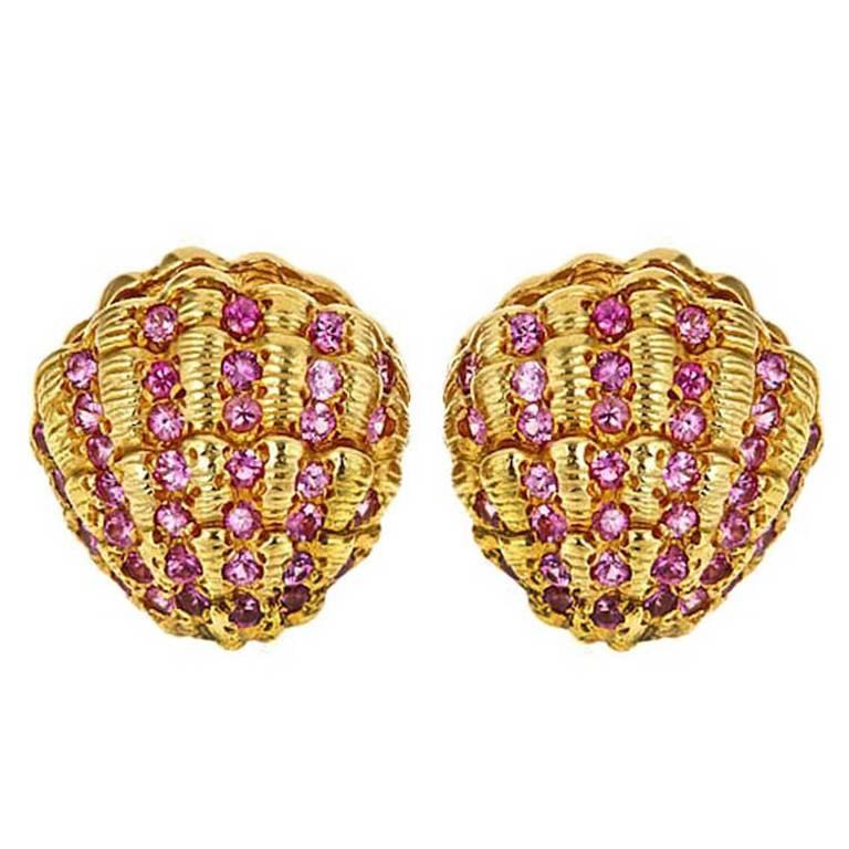 2.3 Carat of Sapphires 18 Karat Clam Shell Earrings by John Landrum Bryant For Sale
