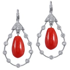 Red Coral Diamond Drop Earrings