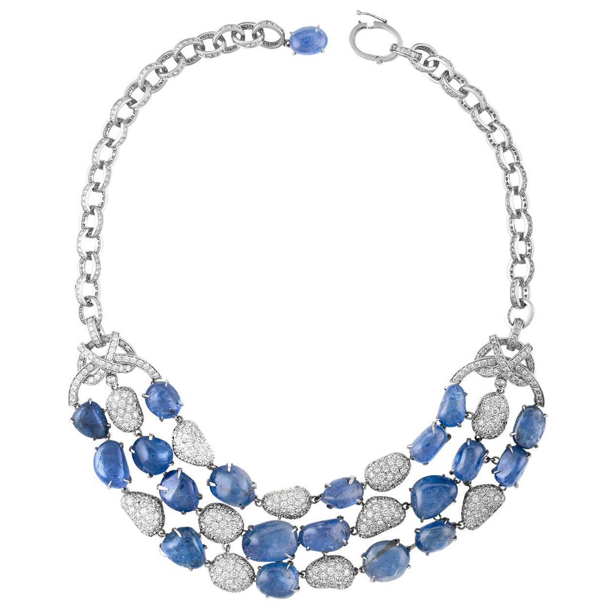 Italian 180.00 Carat Sapphire and Diamond Gold Necklace