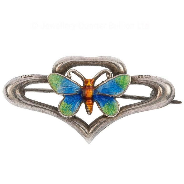 Late Art Nouveau 1920 Sterling Silver Enamelled Butterfly Brooch