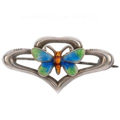 Antique Late Art Nouveau 1920 Sterling Silver Enamelled Butterfly Brooch