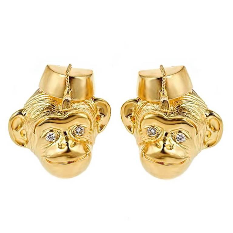 Diamond Eyes 18k Yellow Gold MONKEY IN A HAT Earrings by John Landrum Bryant For Sale