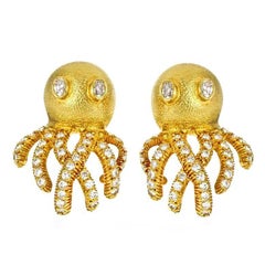 18 Karat Yellow Gold 2.7 Carat Diamond OCTOPUS Earrings by John Landrum Bryant