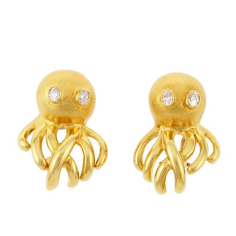 Oval Diamond Eyes 18k Gold Octopus Earrings by John Landrum Bryant For Sale
