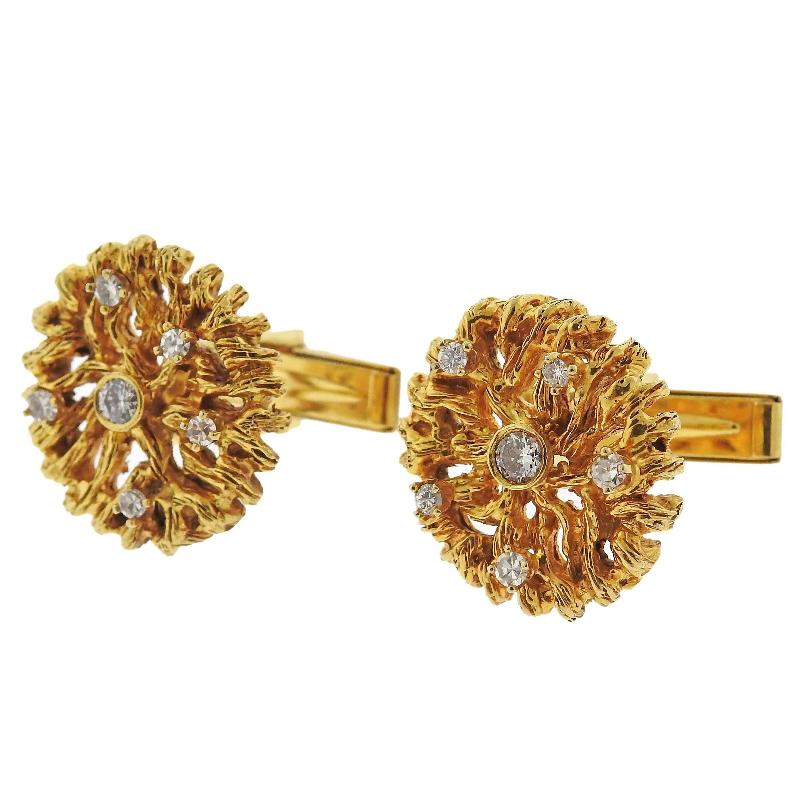 1970s Naturalistic Diamond Gold Cufflinks