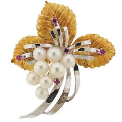 Mikimoto Pearl Ruby Gold Brooch Pin