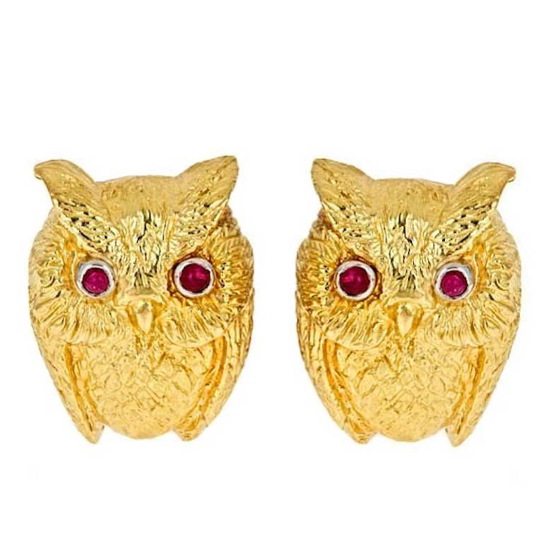 Ruby Eyes 18 Karat Yellow Gold and Platinum Owl Earrings by John Landrum Bryant