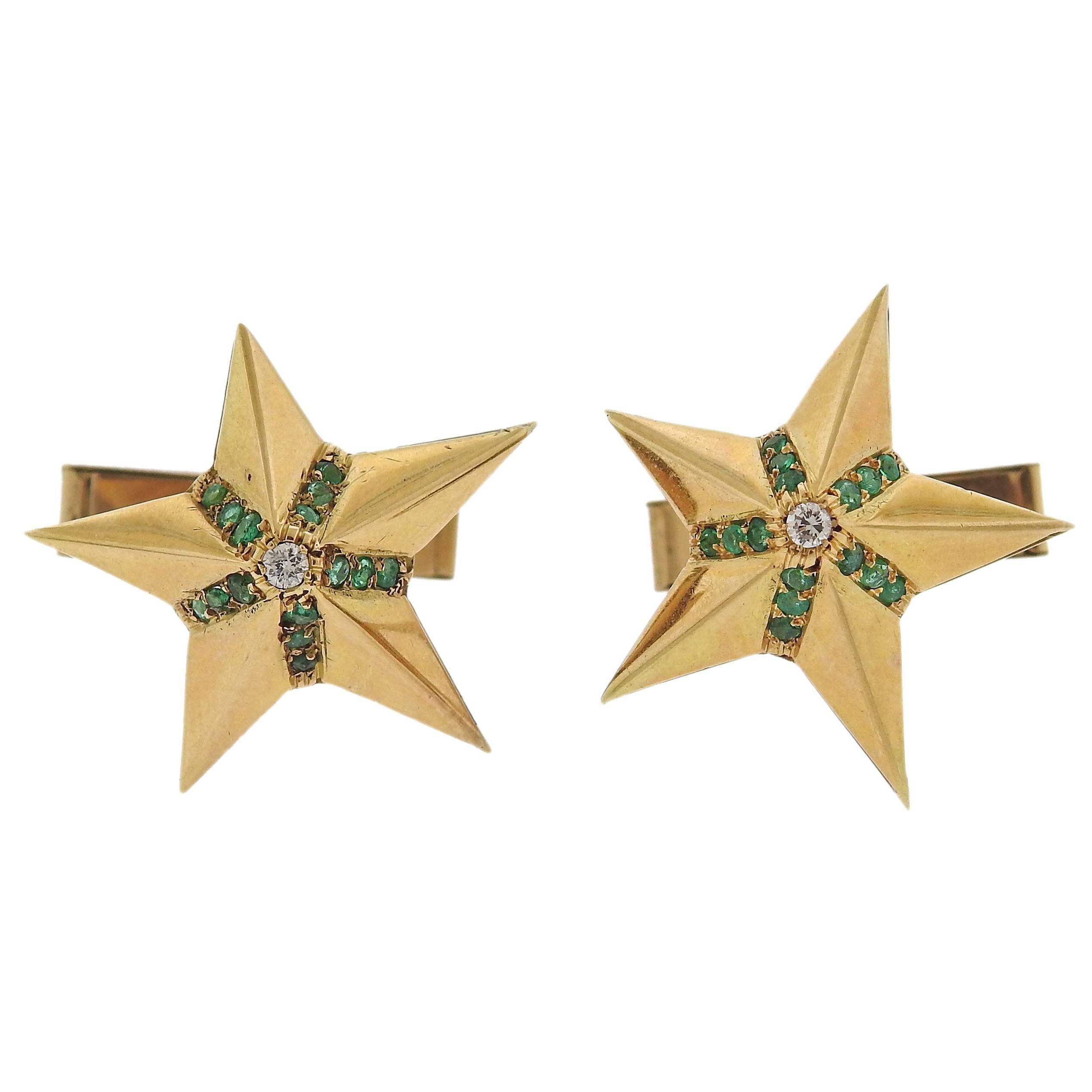 Midcentury Diamond Emerald Gold Star Cufflinks