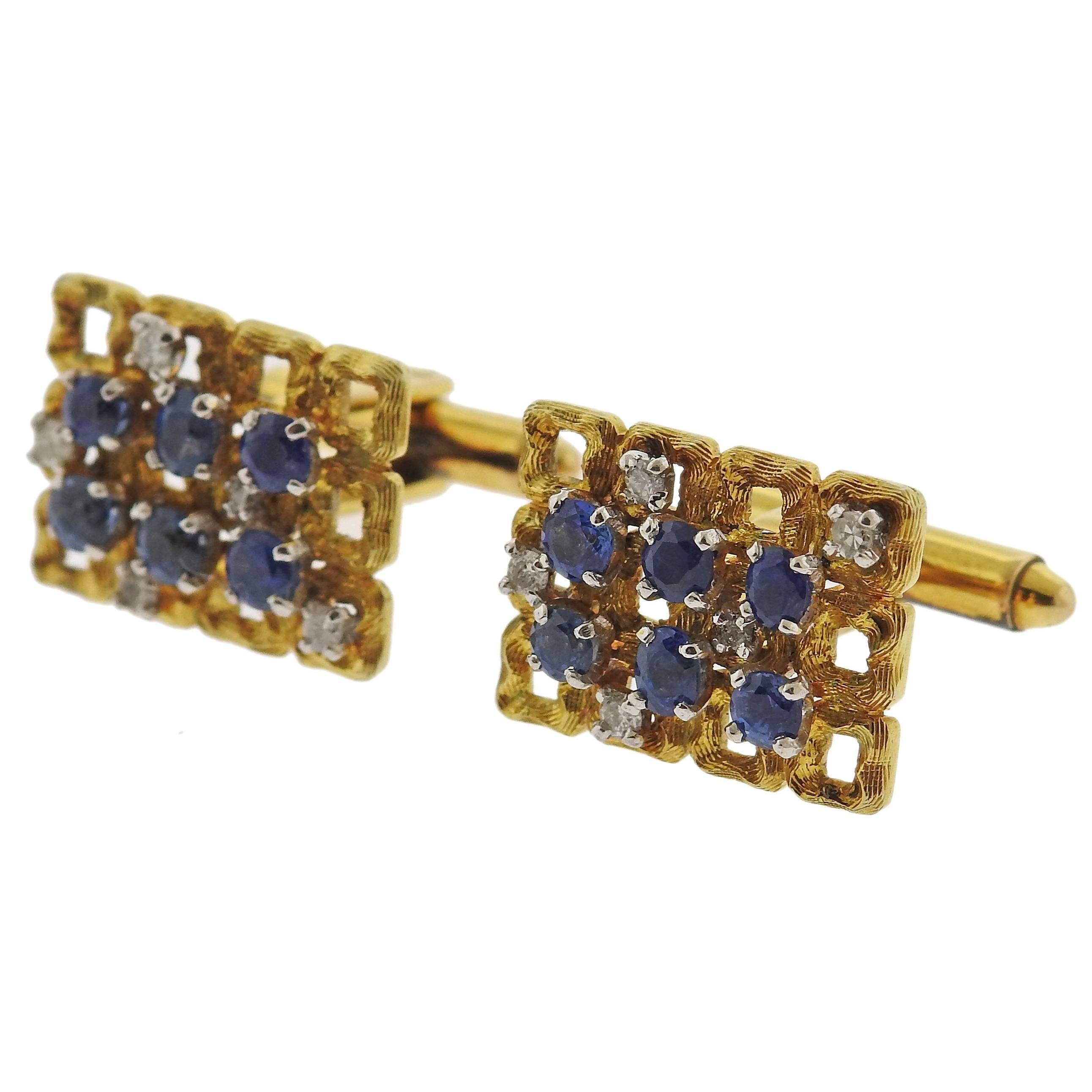 1970s Sapphire Diamond Gold Cufflinks