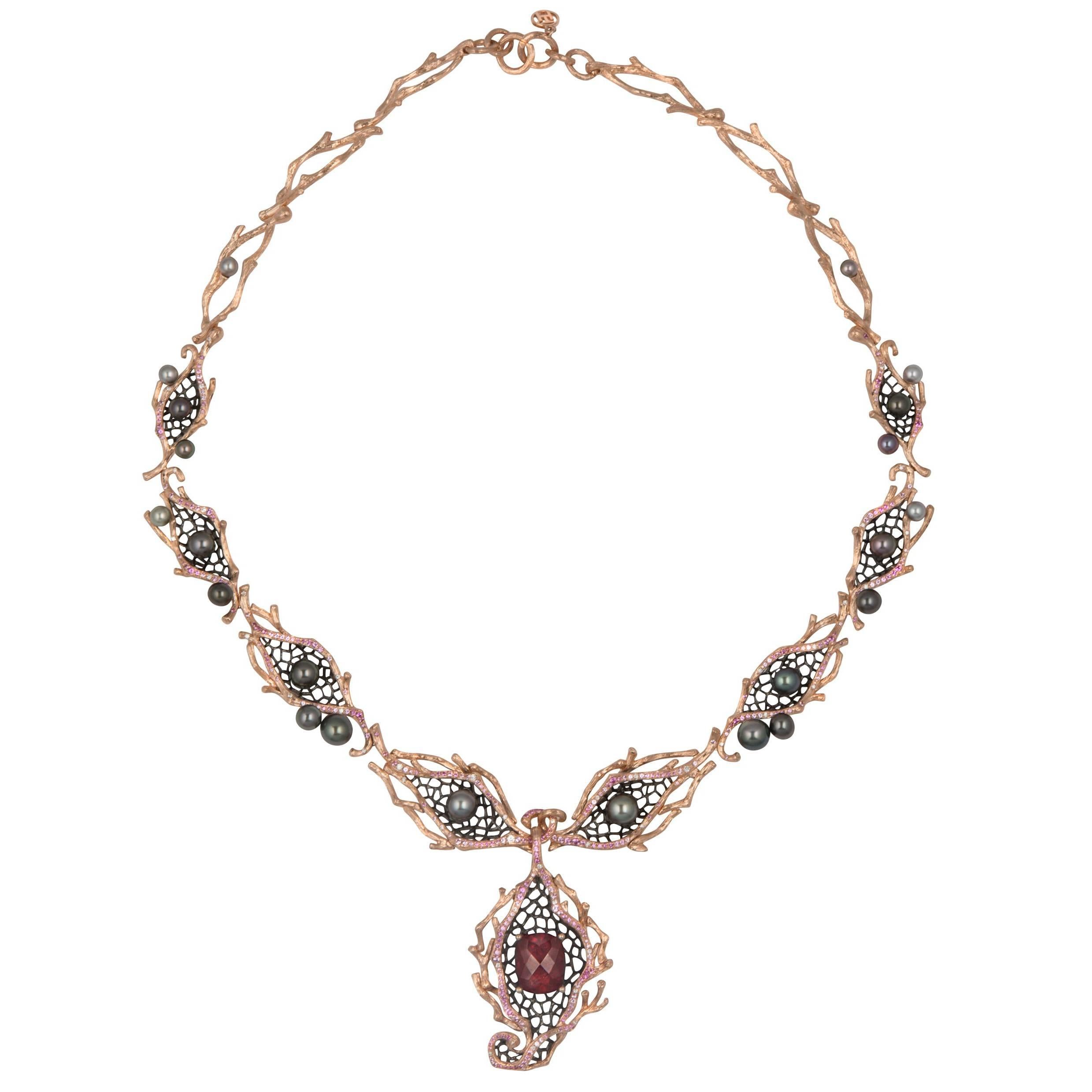 18 Karat Rose Gold Red Garnet, Keshi Pearl, Sapphire and Diamond Necklace For Sale