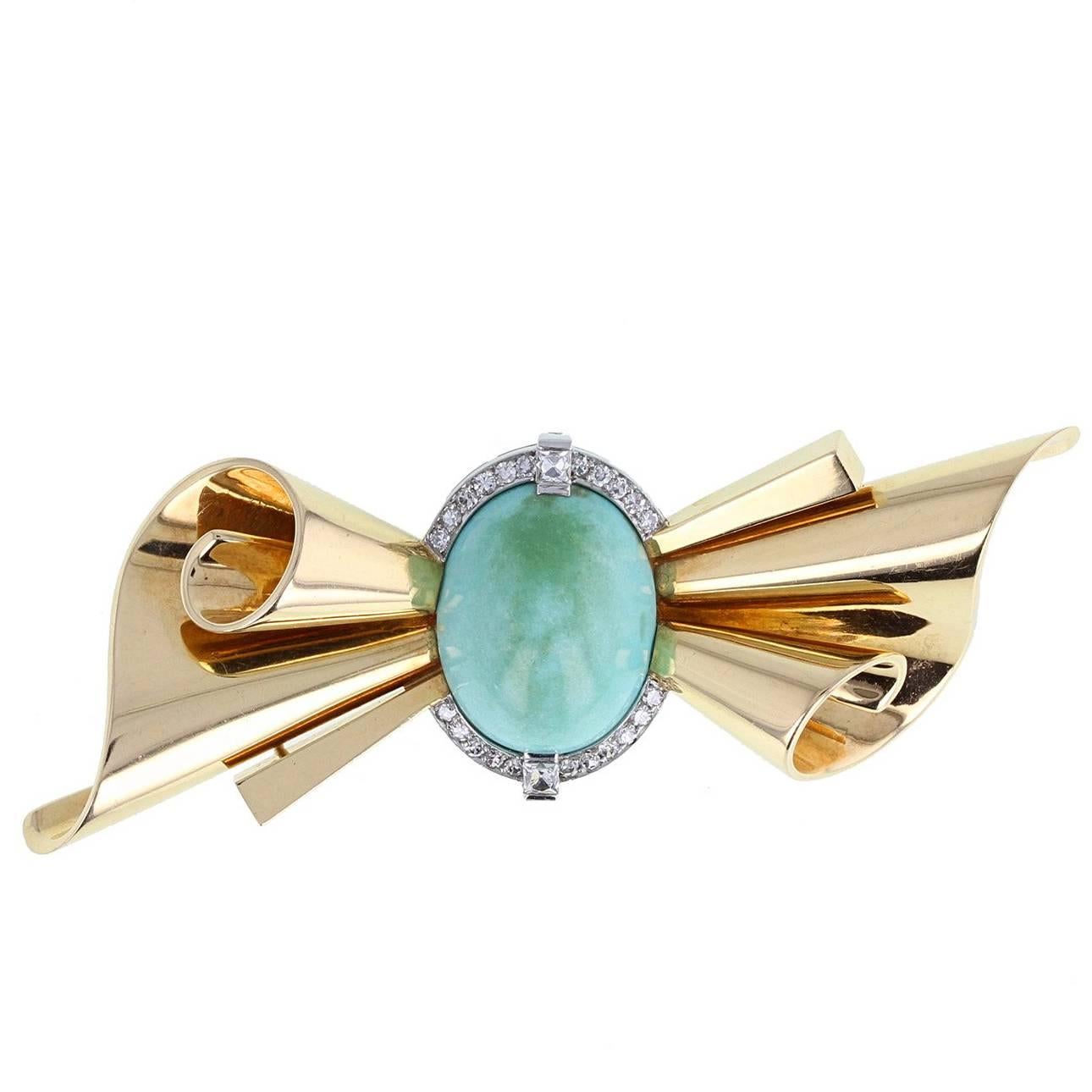 Retro Turquoise Diamond 18 Carat Gold Bow Brooch For Sale