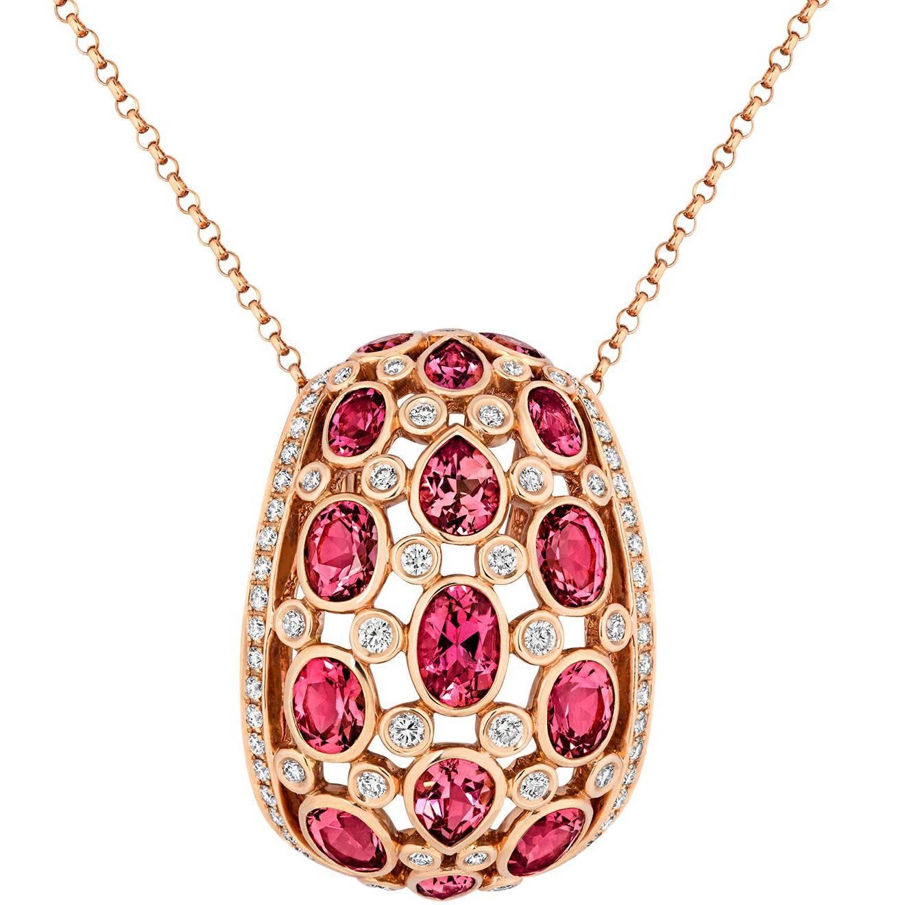 Tivon 18ct Rose Gold Pink Tourmaline and Diamond Pendant For Sale
