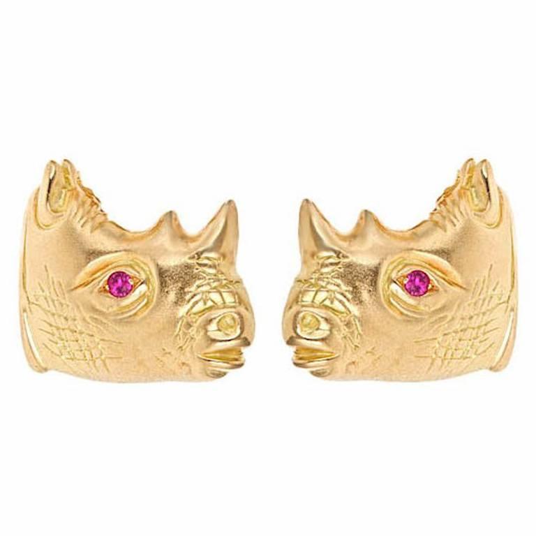 Ruby Eyes 18 Karat Gold RHINOCERAS Earrings by John Landrum Bryant For Sale