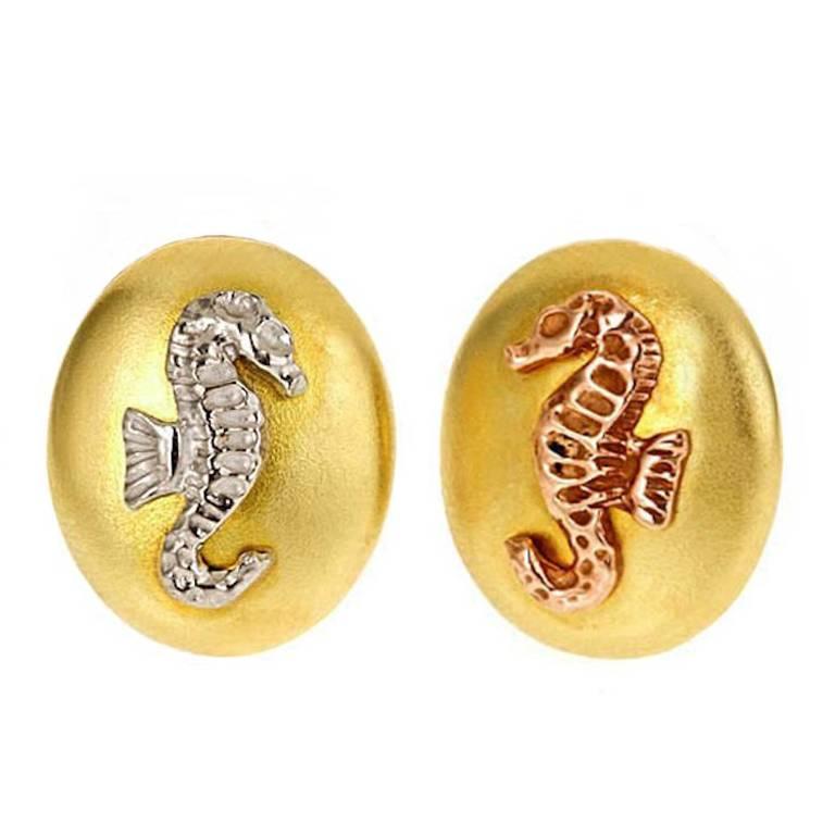 Yellow White and Rose Gold SEAHORSE CONVERGENCE Earrings by John Landrum Bryant For Sale