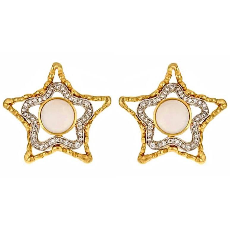 Diamond Platinum 18 Karat Gold SHY STAR Earrings by John Landrum Bryant For Sale