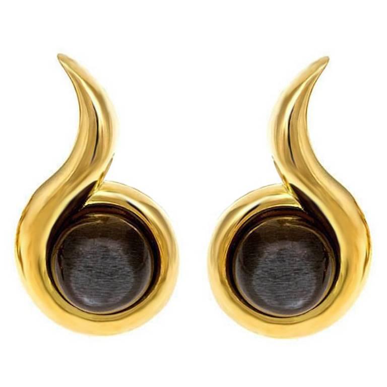 1.9ct. Black Moonstone 18k Gold Snail Earrings by John Landrum Bryant For Sale