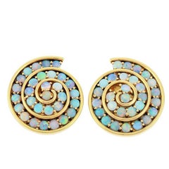 18k Gold Spiral Blue Opal Earrings by John Landrum Bryant