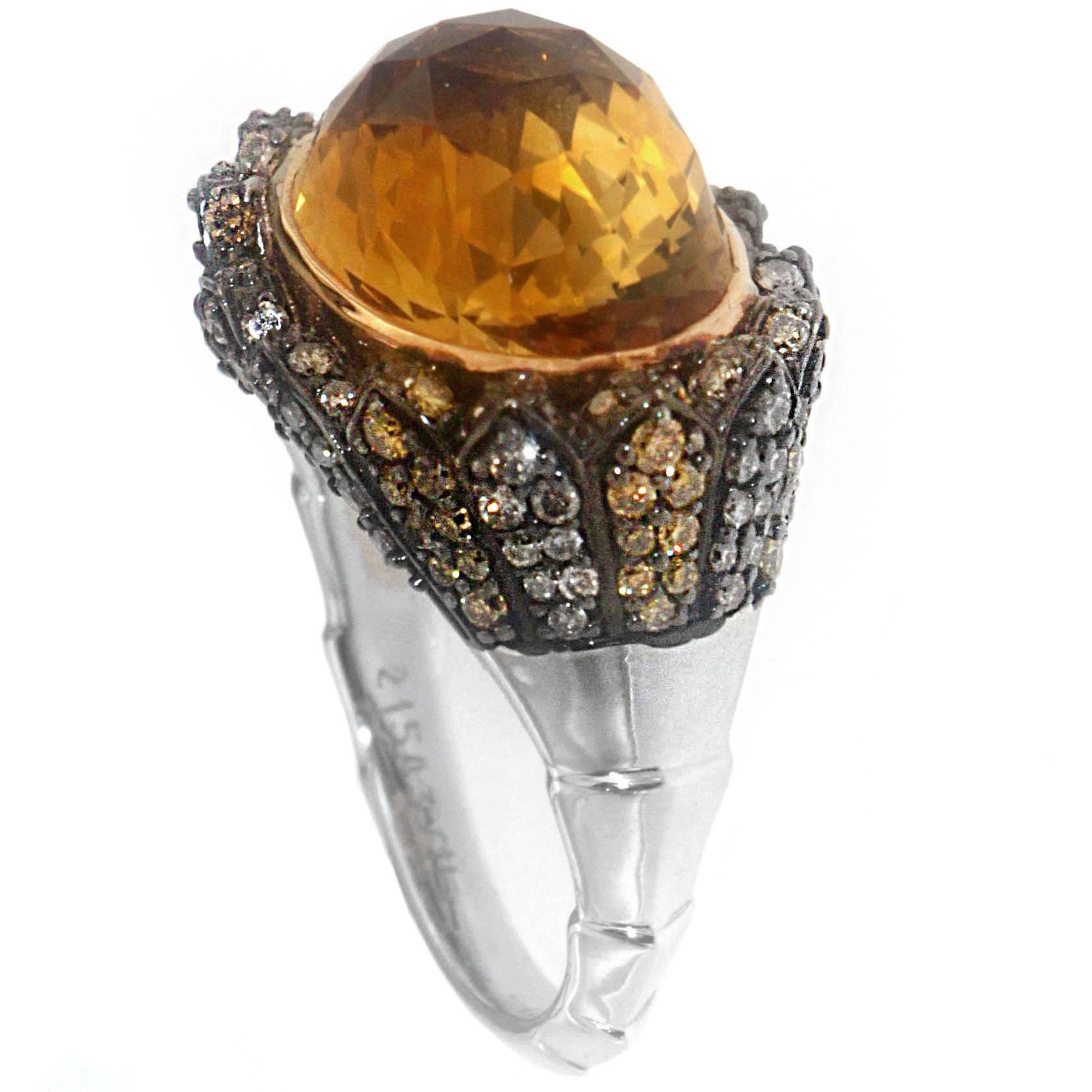 Zorab Creation Citrine, Brown and Yellow Diamond with Gold Bombe Cocktail Ring For Sale