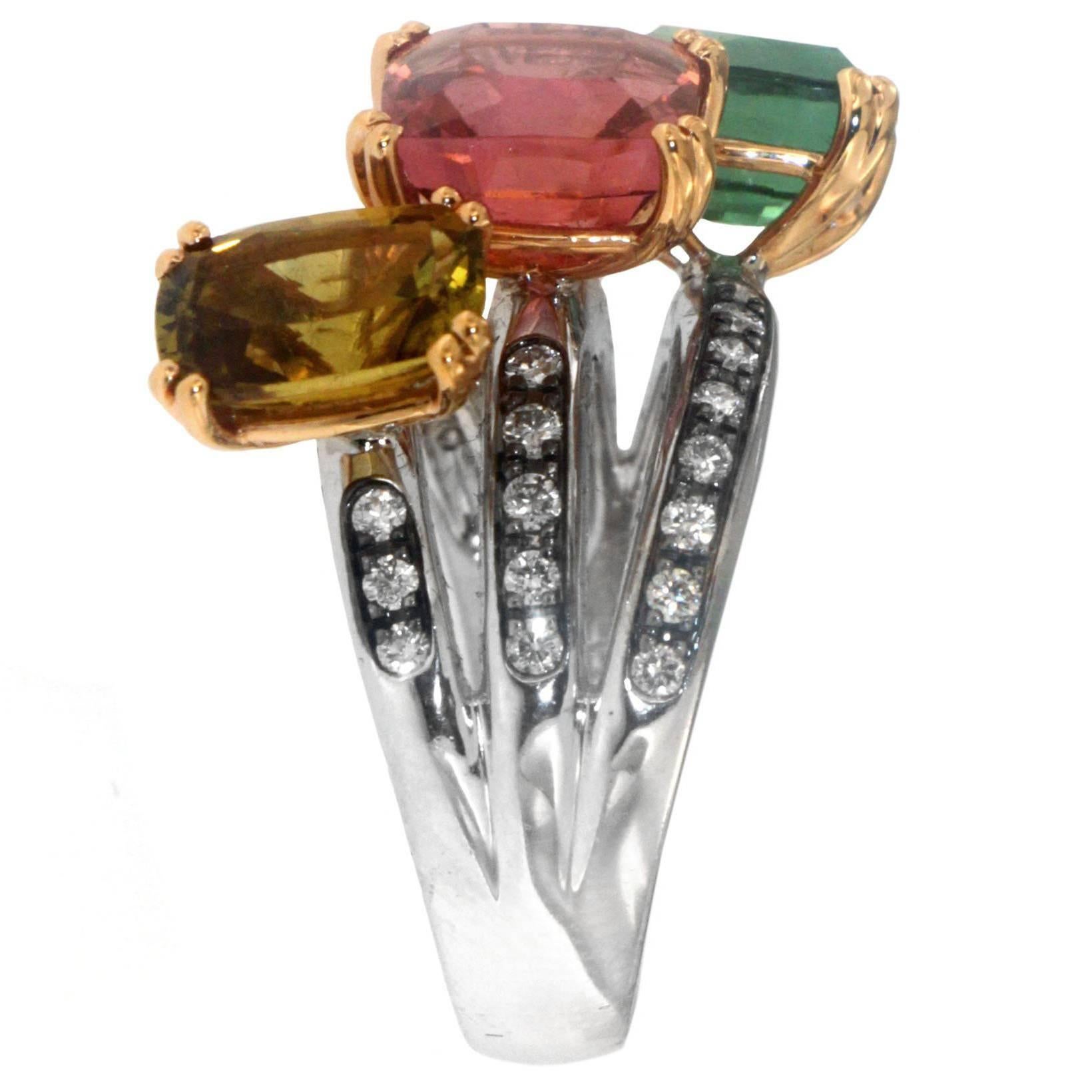 Zorab Creation Three-Stone Ring with Green, Pink and Brown Tourmaline For Sale