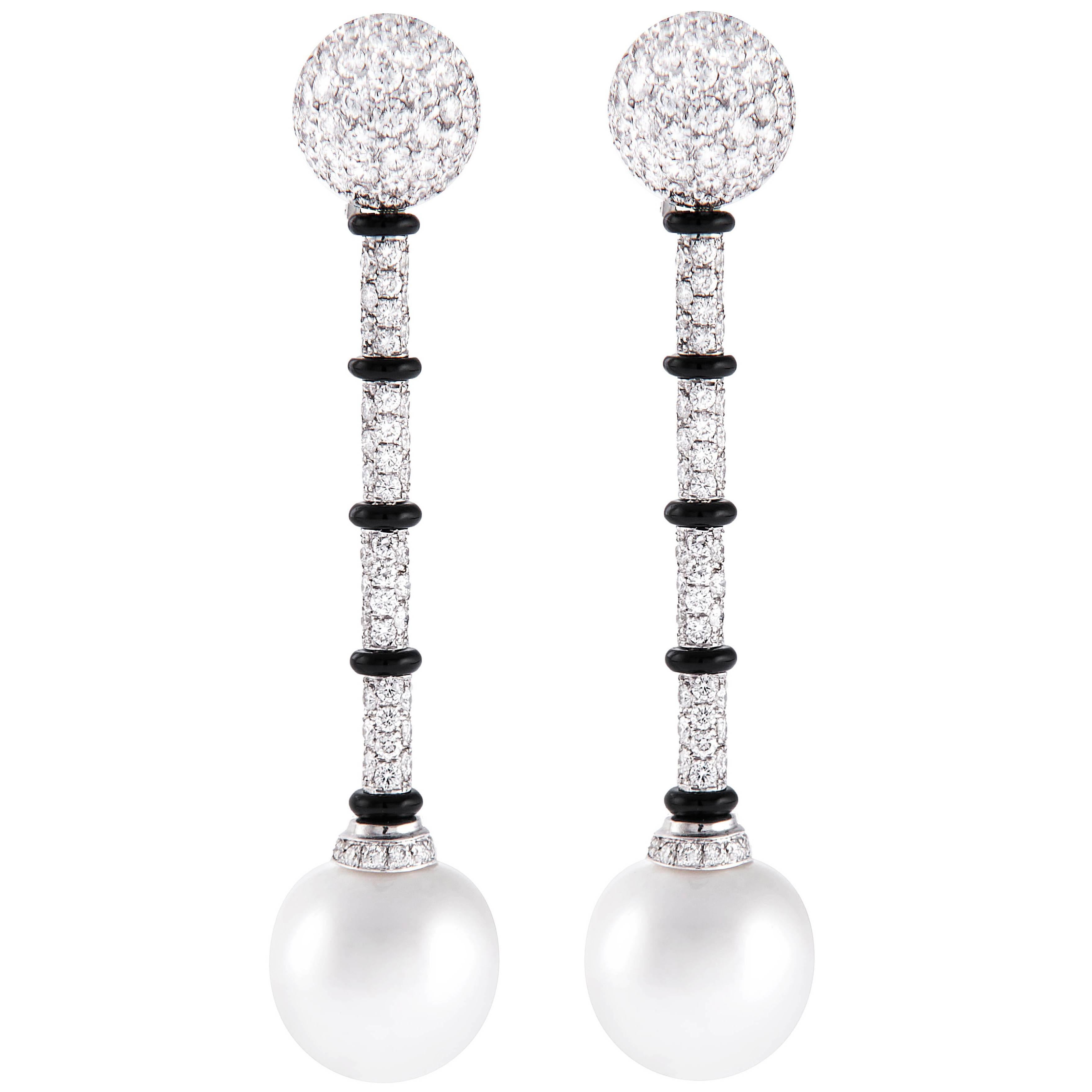 Ella Gafter South Sea Pearl Onyx Diamond White Gold Drop Earrings