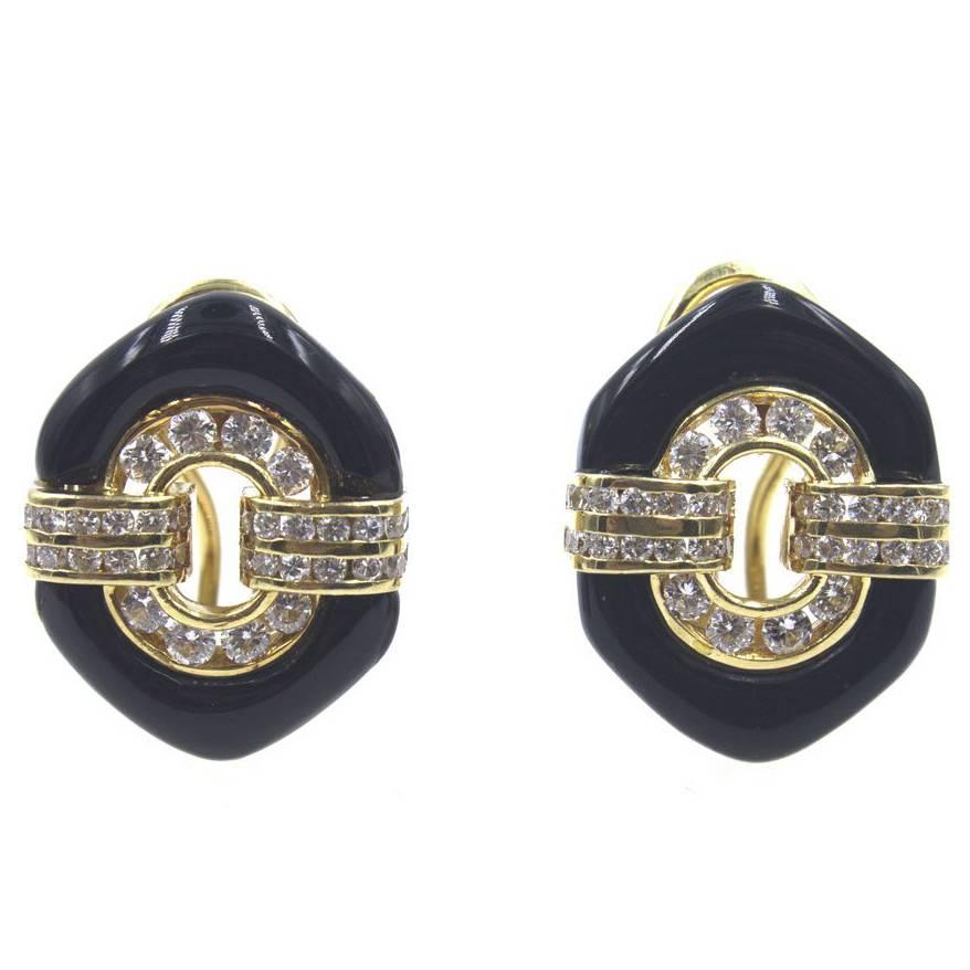 Diamond Onyx 18 Karat Yellow Gold Earrings