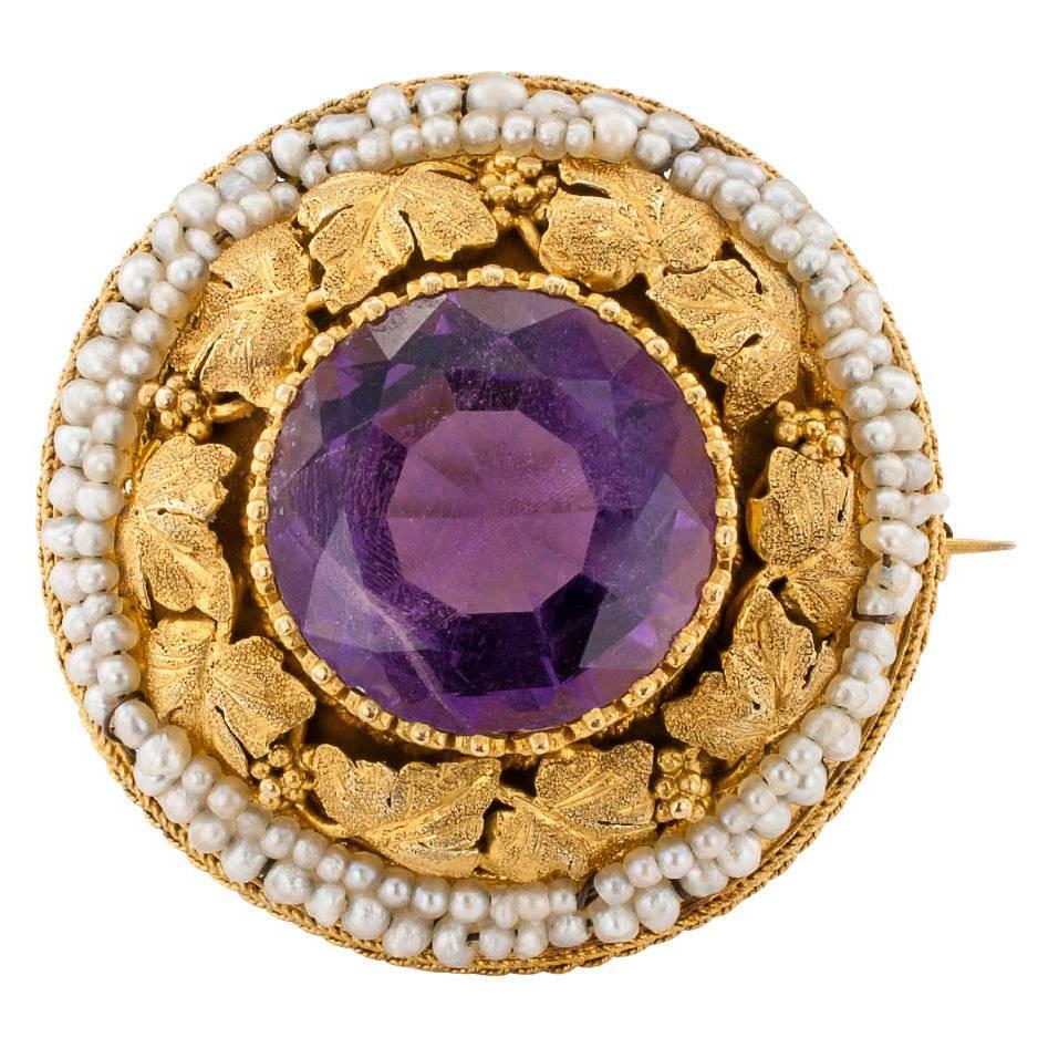 Victorian 1880s Grapevine Amethyst Seed Pearl Gold Brooch
