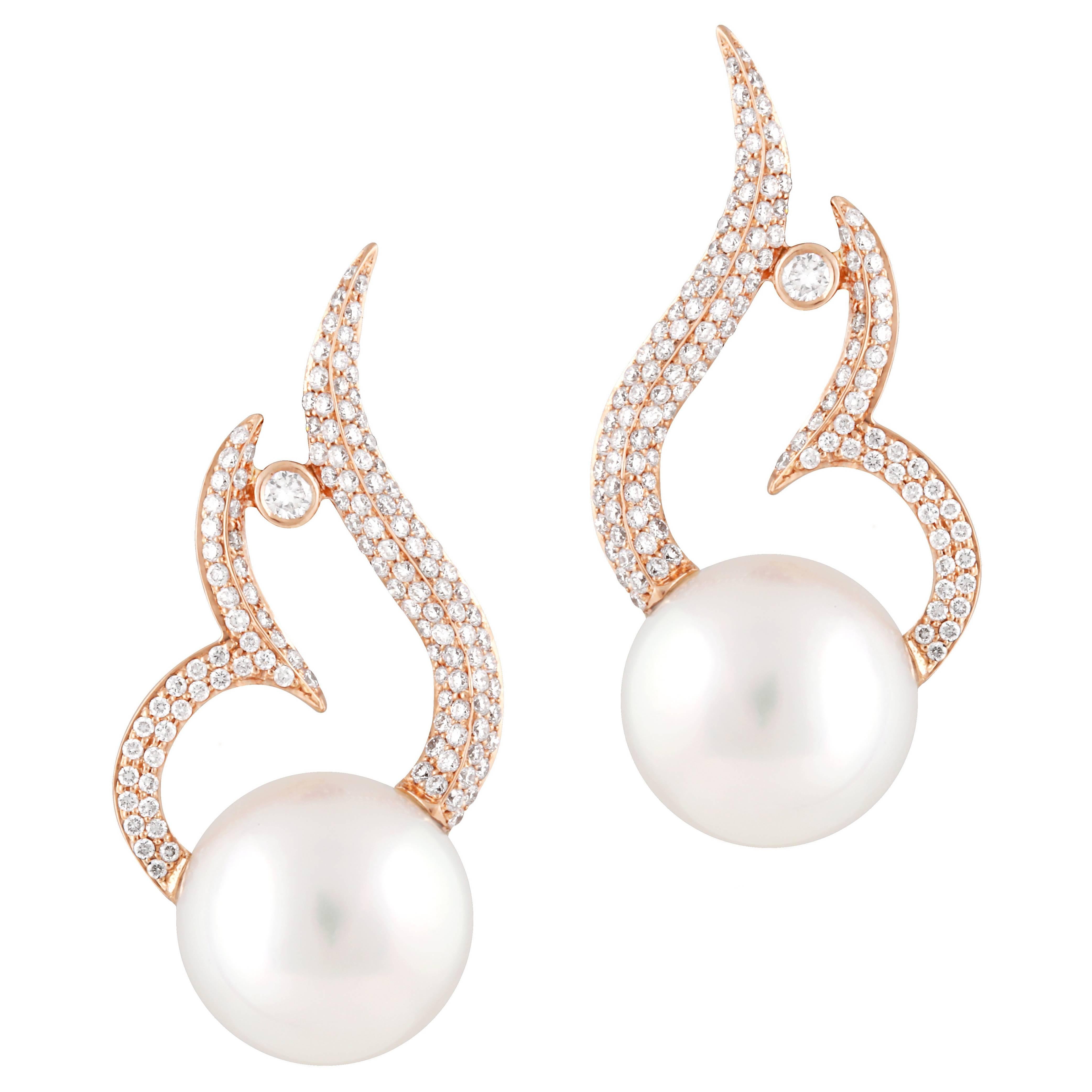 Buzzanca South Sea Pearl White Diamond 1k Gold  Earrings For Sale