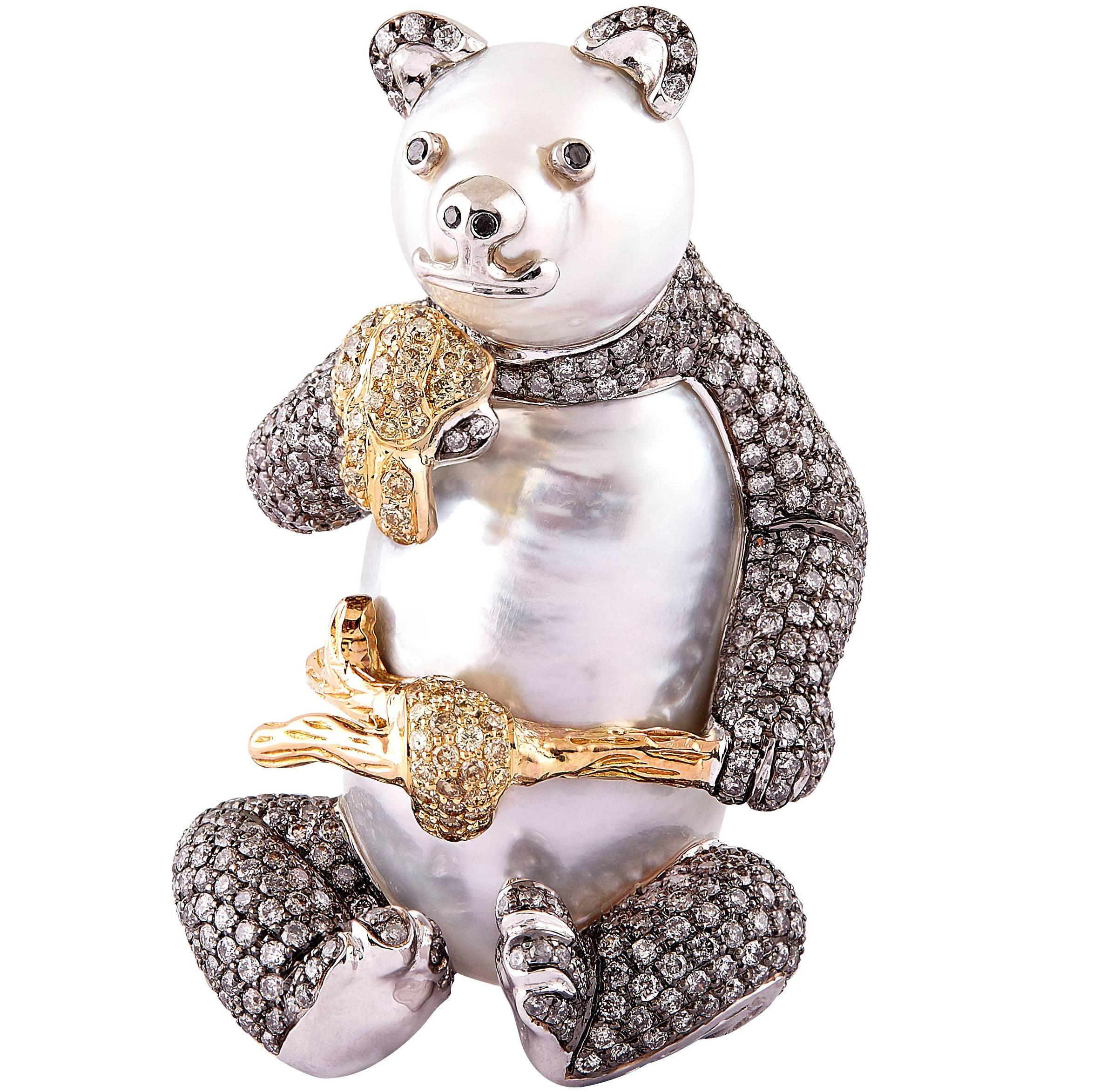 Buzzanca South Sea Pearl Grey Diamond Yellow Diamond 18k Gold Bear Animal Brooch For Sale