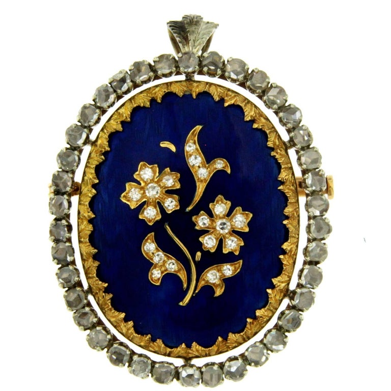Blue Enamel Diamond Brooch at 1stDibs