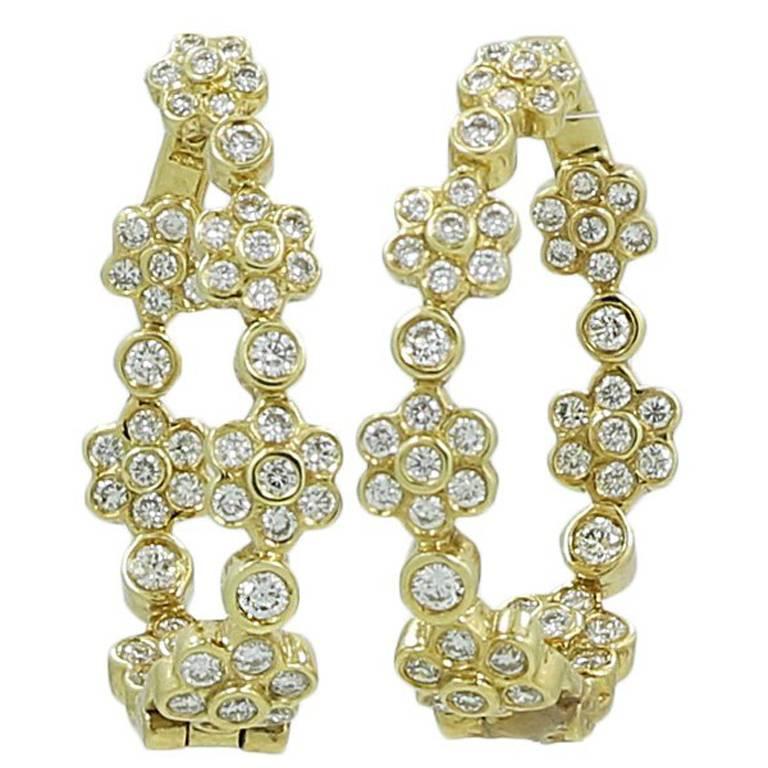 1.08 Carat Diamond Flower Hoop Yellow Gold Earrings For Sale